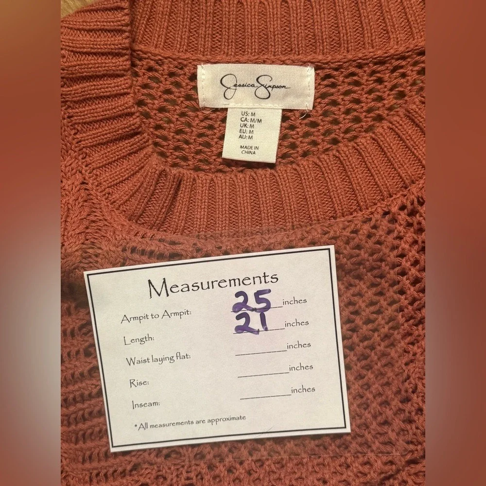 essica Simpson Open‎ Crochet Batwing Sweater Rust Boho Festival Medium - Picture 6 of 6